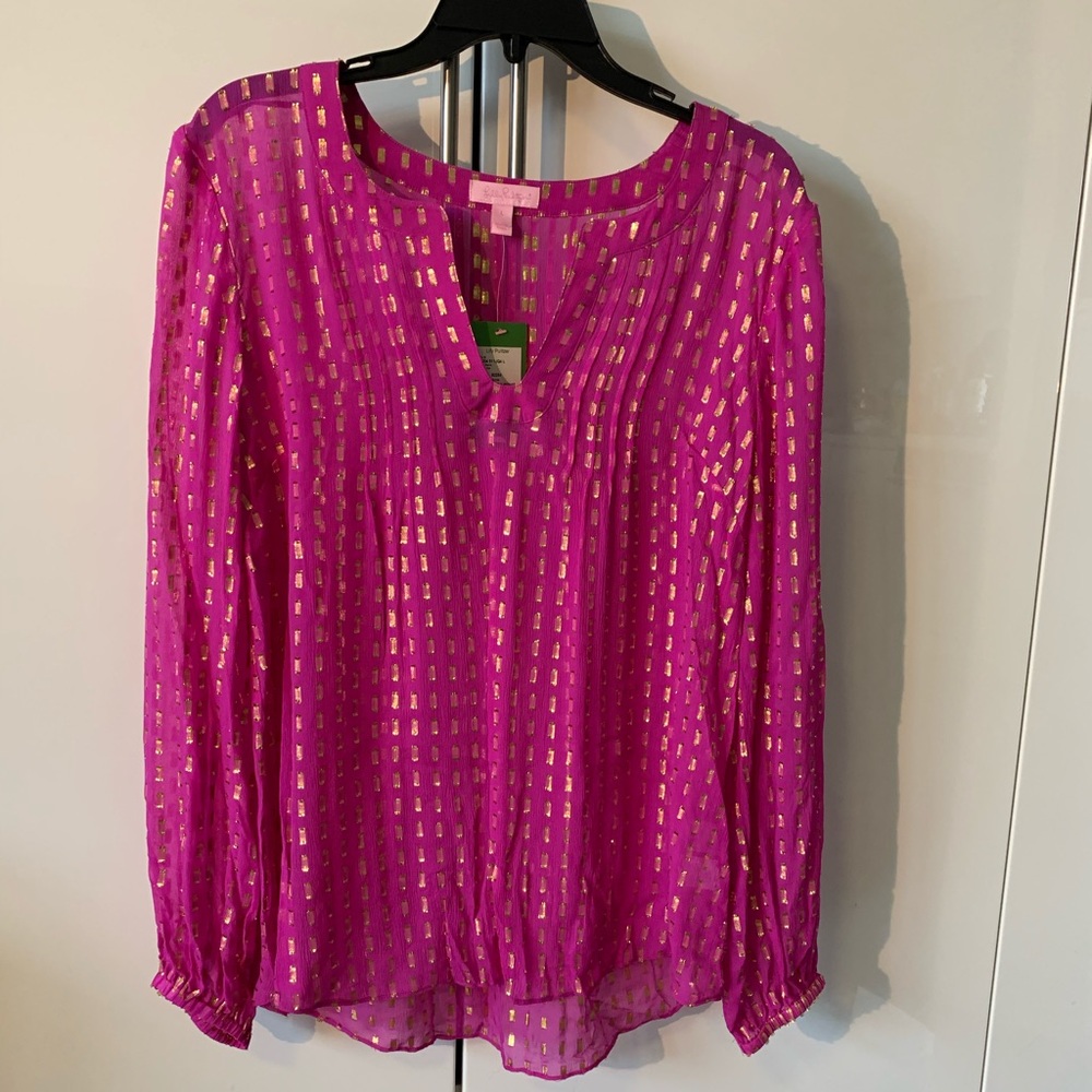 Lily Pulitzer pink Colby Silk Metallic Dot silk L
